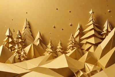 The primary subject of the image is a paper cutout of a Christmas tree. The setting is a snowy landscape, with the tree surrounded by other trees. The visual style is a combination of digital art and illustration, creating a festive and cozy atmosphere. The colors are predominantly white and gold, with the snowy landscape adding a touch of blue and green.